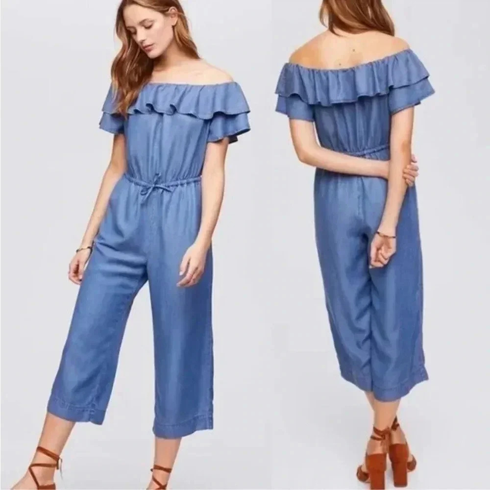 Loft Plus Womens Jumpsuit Chambray Off The Shoulder Ruffle Plus‎ Size